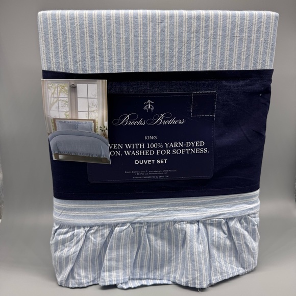 3pc Brooks Brothers Blue White Stripe Ruffle KING Duvet Sham Set 100% Cotton NEW - Picture 1 of 6